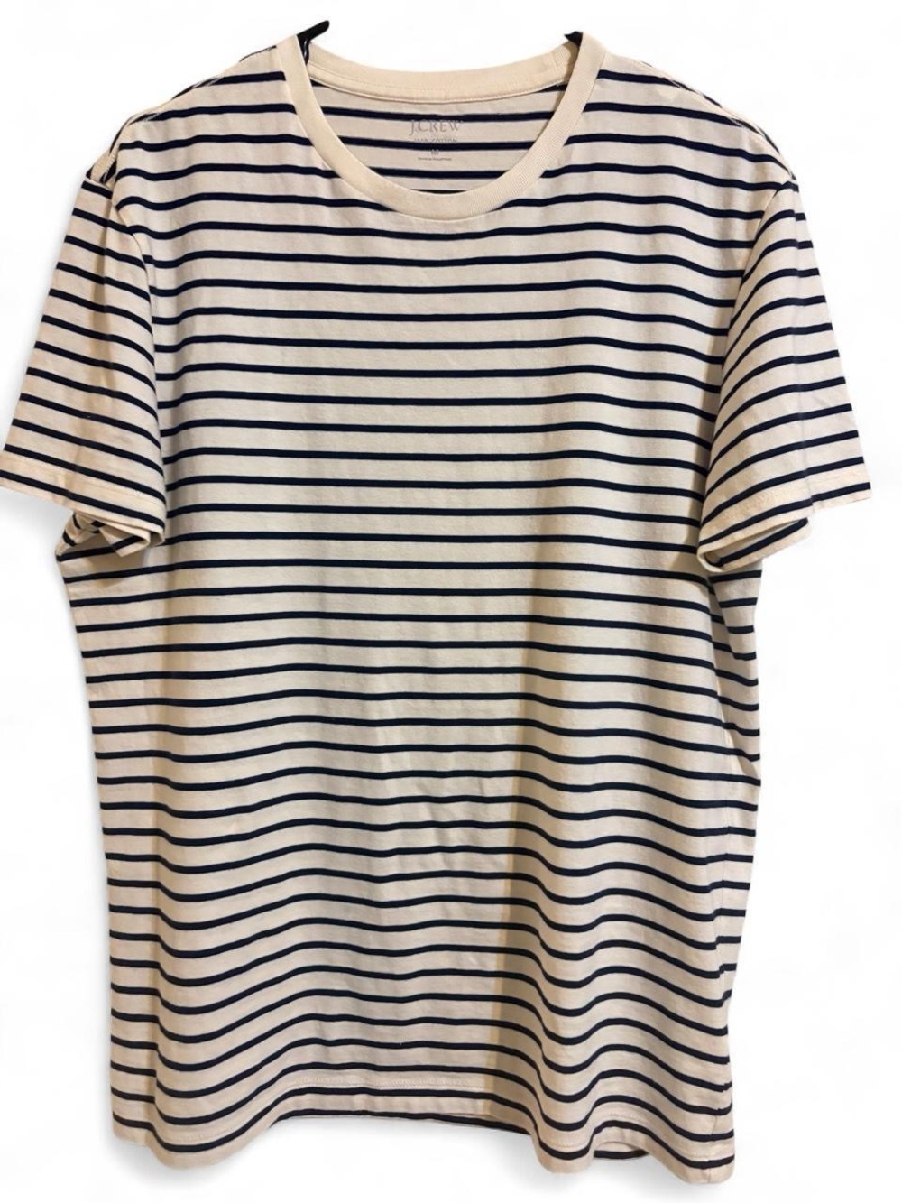 J. Crew Men’s Cream and Navy Striped Short-Sleeve Crewneck Tee